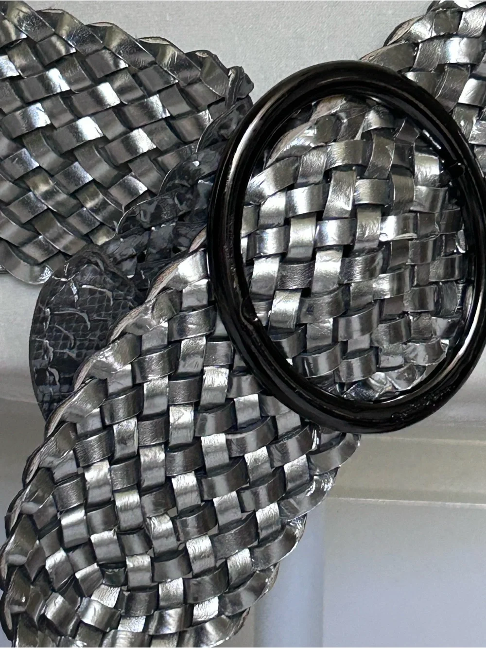 Silver Woven Statement Wide Belt with Oval Buckle Leather Adjustable